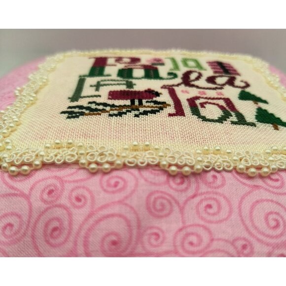 Fa La La Handmade Pink Pillow W/ Cross Stitch Holiday Design Swirl Pattern Back - Picture 6 of 6
